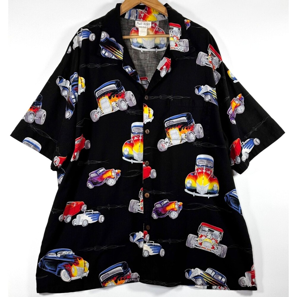Matt Rider Hawaiian Shirt Men XXL Black Hot Rod Car Print Aloha USA Made Vintage